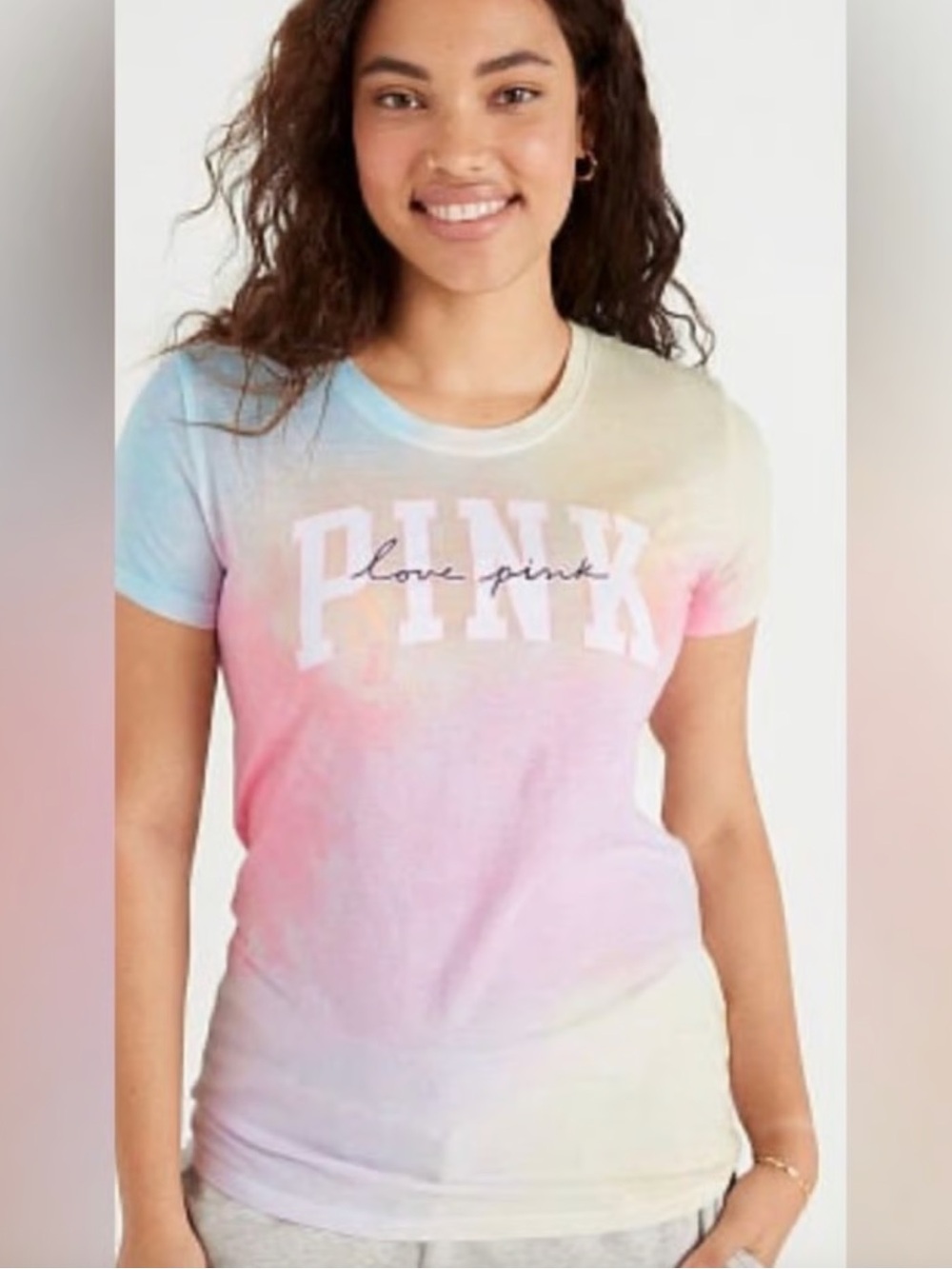PINK Victoria’s Secret Everyday Crew Short Sleeve Tee Ombré Tie Dye Logo Rainbow